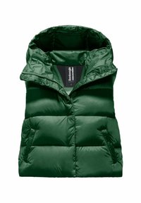 Gilet imbottito verde con cappuccio, caratterizzato da una texture liscia, una zip frontale e due tasche laterali. L'etichetta presenta il nome del marchio "Bomb Boogie."