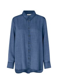 Camicia in denim blu a maniche lunghe con bottone frontale e colletto, caratterizzata da un orlo leggermente curvo e polsini cuciti.