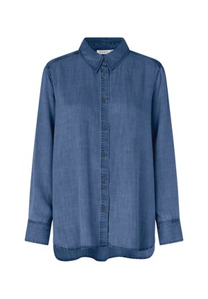 Langärmliges blaues Denim-Hemd mit Knopfverschluss und Kragen, das einen leicht abgerundeten Saum und genähte Manschetten aufweist.