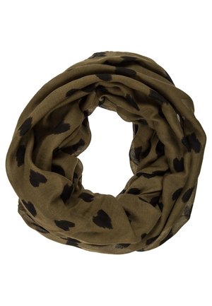 Écharpe infinity vert olive avec des taches noires irrégulières, tissu léger, disposée en boucle circulaire lâche.