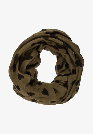 Écharpe infinity vert olive avec des taches noires irrégulières, tissu léger, disposée en boucle circulaire lâche.