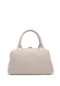 Borsa a mano in tessuto beige con strisce verticali, parte superiore arrotondata e due manici in pelle. I dettagli dorati alla chiusura aggiungono un elemento decorativo.