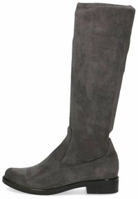 Bottines gris en daim hautes jusqu'au genou avec un bout arrondi et un petit talon empilé. Texture lisse et design minimaliste, avec de délicates coutures.