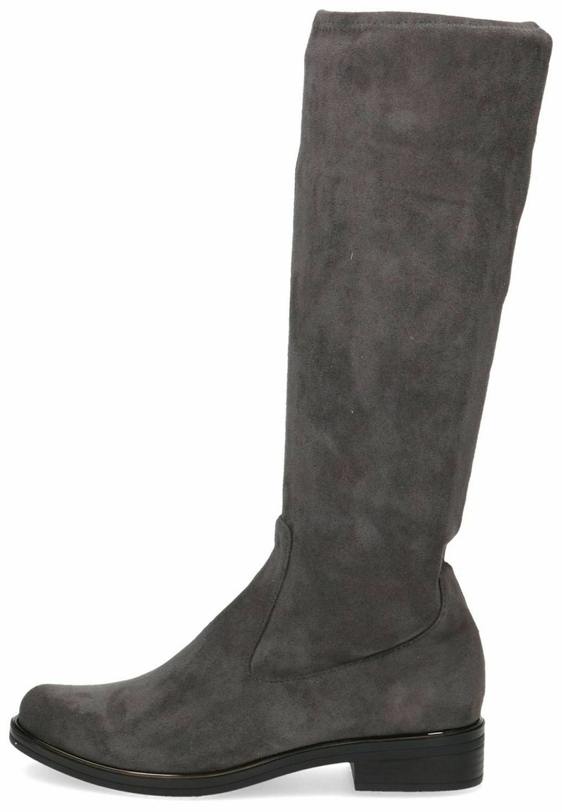 Bottines gris en daim hautes jusqu'au genou avec un bout arrondi et un petit talon empilé. Texture lisse et design minimaliste, avec de délicates coutures.