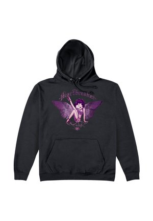 Czarna bluza z kapturem z purpurową grafiką przedstawiającą postać z skrzydłami oraz napisem "#Heartbreaker" powyżej i ozdobnymi wzorami poniżej. Z przodu kieszonka typu kangur.