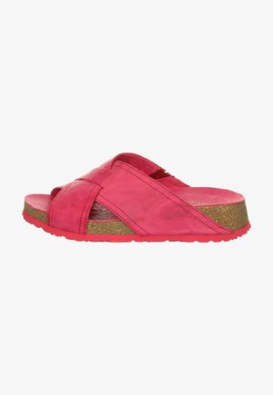 Pinke Leder-Sandale mit Querband-Design, gepolstertem Korkfußbett und strukturiertem Gummisohle für besseren Halt.