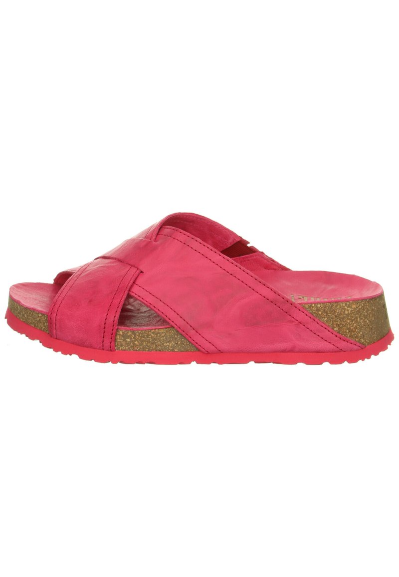 Pink leather slide sandal with cross-strap design, cushioned cork footbed, and textured rubber sole for grip.