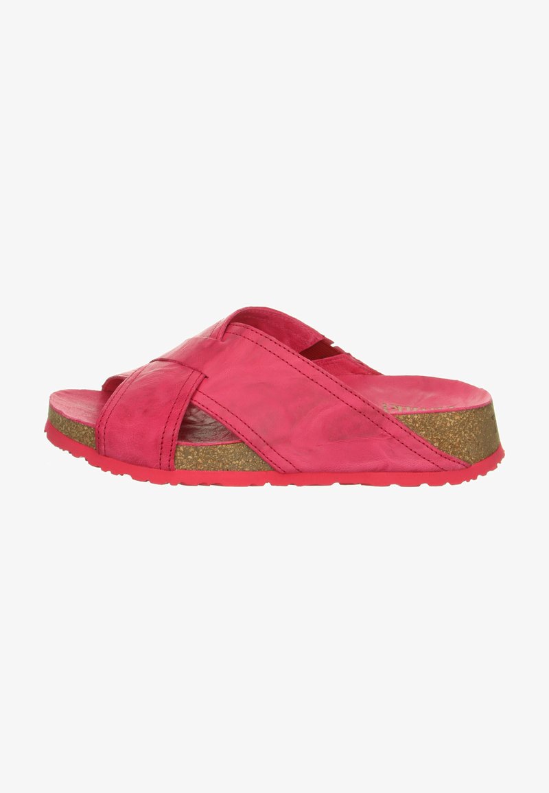 Pink leather slide sandal with cross-strap design, cushioned cork footbed, and textured rubber sole for grip.