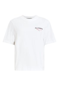 Tricou alb din bumbac cu guler rotund, mâneci scurte și un logo grafic în negru și roz pe pieptul stâng. Textură moale.