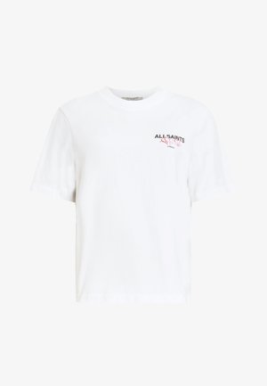 Bijela pamučna majica s okruglim izrezom, kratkim rukavima i grafičkim logotipom u crnoj i ružičastoj boji na lijevoj strani prsa. Mekana tekstura.