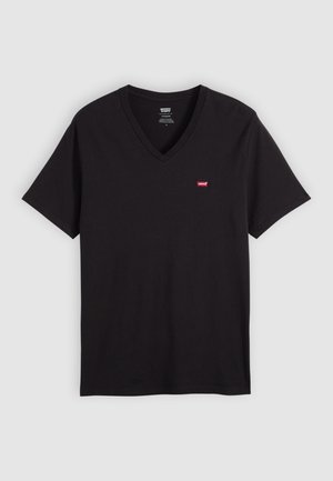 Black V-neck T-shirt made of cotton. Short sleeves and a small red Levi's logo on the left chest. Smooth texture and classic fit.