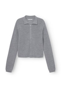 Grijze zip-up sweater met een geribbeld patroon, kraag en lange mouwen. Heeft een rechte snit en een subtiel, naadloos ontwerp.