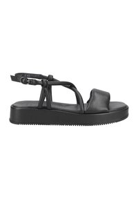 Černé kožené sandály s plochou podrážkou, širokými popruhy, smyčkou na prsty a přezkou na kotníku pro nastavitelné nošení. Hladký povrch a minimalistický design.