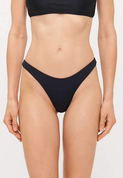 Sorte bikini underdele med et minimalistisk design, der har en højt skåret ben og glat overflade. Ingen synlige mønstre eller hardware.