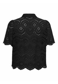 Sort kortærmet bluse med hulbroderi, bølgede kanter og en klassisk krave, vist bagfra.