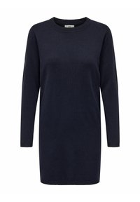 Abito maglione a maniche lunghe di colore blu navy con scollatura rotonda, realizzato in un morbido tessuto a maglia; presenta polsini e orlo a costine per una silhouette aderente.