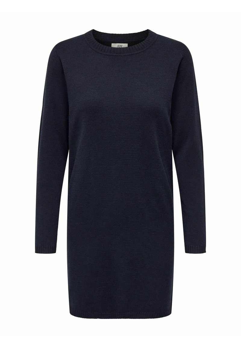 Abito maglione a maniche lunghe di colore blu navy con scollatura rotonda, realizzato in un morbido tessuto a maglia; presenta polsini e orlo a costine per una silhouette aderente.