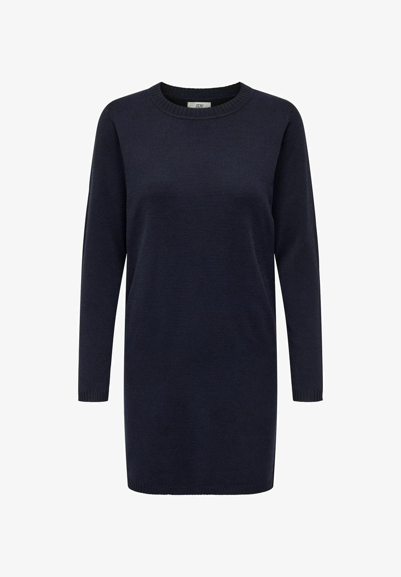 Abito maglione a maniche lunghe di colore blu navy con scollatura rotonda, realizzato in un morbido tessuto a maglia; presenta polsini e orlo a costine per una silhouette aderente.