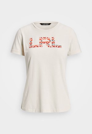 Camiseta de algodón crema de manga corta con cuello redondo y logo "LRL" con estampado floral en rojo y azul en el frente.