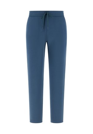 Modré teplákové kalhoty z bavlněné směsi s elastickým pasem se šňůrkou, zužujícími se nohavicemi a hladkým povrchem. Bez viditelných vzorů nebo kovových doplňků.