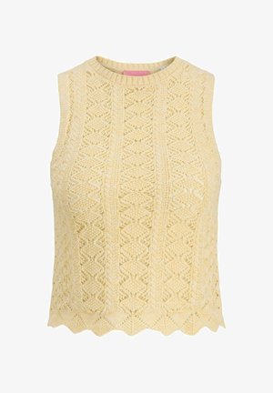 Gelbes gestricktes ärmelloses Oberteil mit strukturiertem Muster und gewelltem Saum. Verfügt über einen Rundhalsausschnitt und aufwendige geometrische Designs.