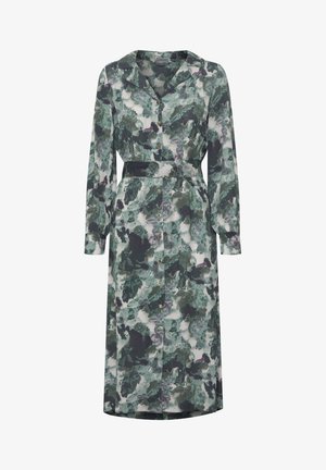 Roheline ja musta abstraktse mustriga nööbitav kleit, millel on krae, pikad varrukad, vöö taljes ja ees nööbid.