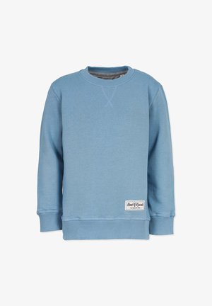 Lyseblå pullover-sweatshirt med rund hals, ribstrikkede manchetter og kant. Har et lille mærke med brandnavn på den nederste side. Blød tekstur.