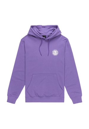 Purple hooded sweatshirt with a front pocket, featuring a white circular graphic on the left chest and drawstring adjustment on the hood.