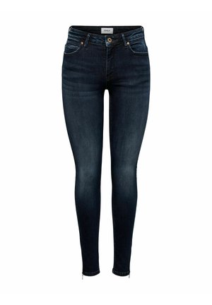 Jeans skinny en denim foncé avec une légère brillance, dotés de cinq poches, d'un bouton en bronze et d'accents de fermeture éclair en métal au niveau des chevilles.