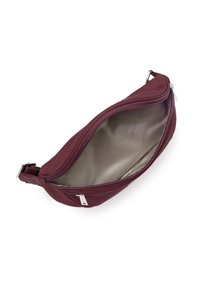 Marsupio bordeaux in tessuto con una texture liscia, dotato di chiusura con zip e un accento in metallo argentato, foderato in materiale beige.