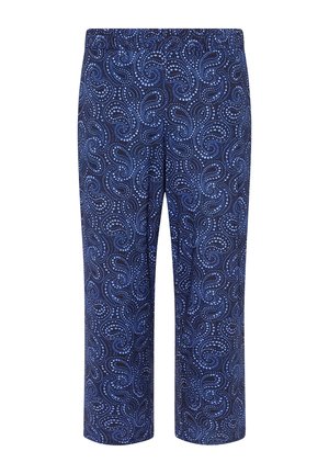 Navy blue loose-fit pants with light blue dotted paisley pattern and elastic waistband.
