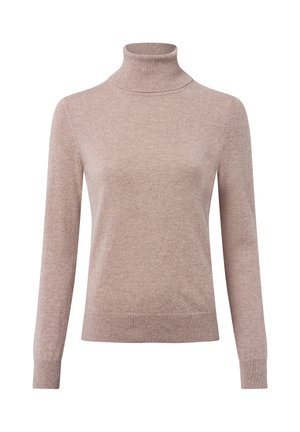 Lichtbeige coltrui gemaakt van zachte gebreide stof. Heeft lange mouwen en een aansluitende silhouet met geribbelde details bij de hals en onderrand.