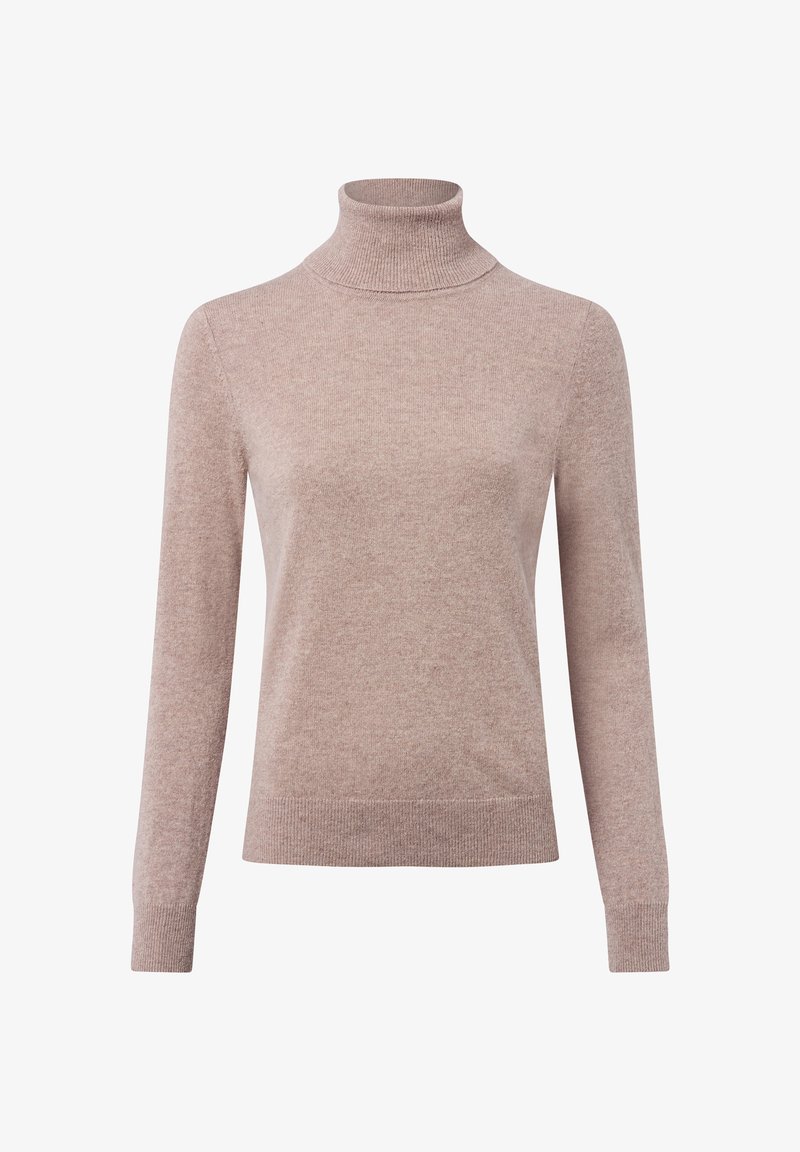 Hellbeige Rollkragenpullover aus weichem Strickstoff. Hat lange Ärmel und eine figurbetonte Silhouette mit gerippten Hals- und Saumdetails.