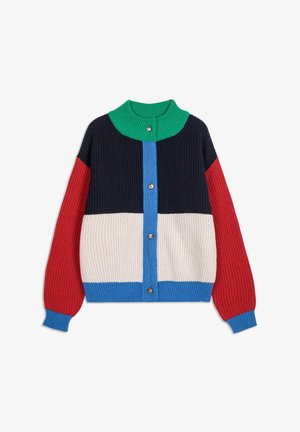 Cardigan en tricot boutonné avec col vert, corps supérieur noir, section médiane crème, manches rouges et accents bleus sur les poignets et le panneau de boutons.