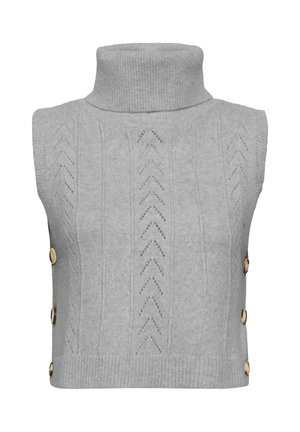Maglione smanicato color grigio chiaro con scollo a dolcevita, caratterizzato da un motivo testurizzato e bottoni in tonalità oro sui lati, realizzato in morbido tessuto lavorato a maglia.