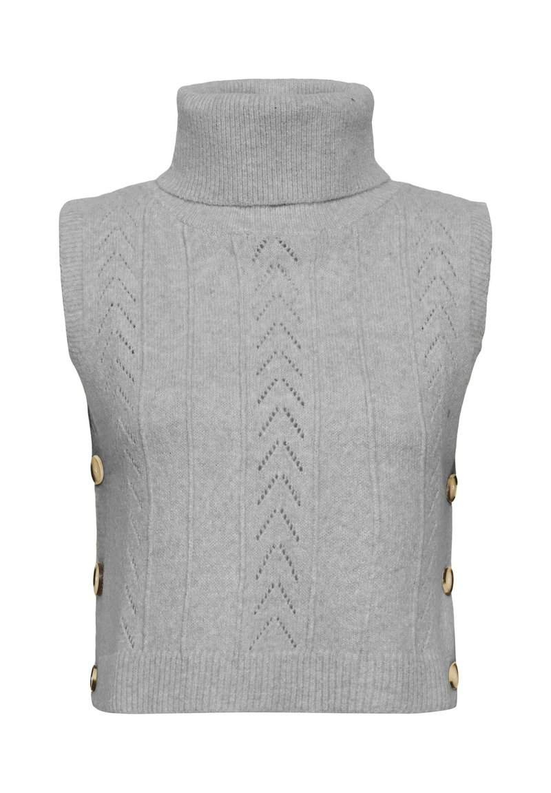 Maglione senza maniche grigio con colletto ben alto, caratterizzato da un motivo testurizzato con disegni a zigzag e bottoni color oro lungo il lato per la chiusura.