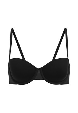 Schwarzer, gepolsterter Bügel-BH mit verstellbaren Trägern, glattem Stoff und minimalistischem Design mit einer strukturierten Silhouette.