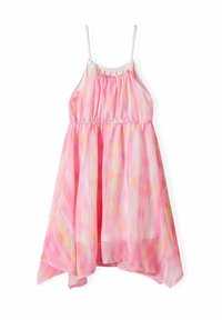 Růžové šaty bez rukávů s elastickým pasem, které mají splývavý design a gradientní vzor v odstínech růžové a žluté.