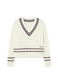 Suéter de punto en crema con cuello en V, con rayas en granate y azul marino en el cuello, los puños y el dobladillo, que presenta el logotipo bordado "Brownie" en el frontal.