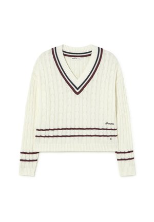 Suéter de punto en crema con cuello en V, con rayas en granate y azul marino en el cuello, los puños y el dobladillo, que presenta el logotipo bordado "Brownie" en el frontal.