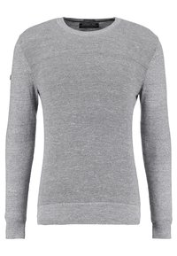 Maglione grigio a maglia con maniche lunghe, scollatura rotonda, polsi e orlo a coste. Tessuto testurizzato con un aspetto leggero.