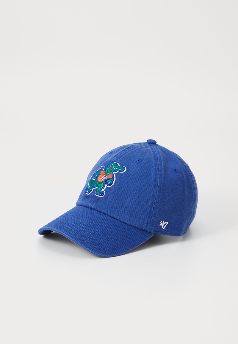 Blue cotton baseball cap featuring an embroidered green alligator with orange accents on the front. Includes a curved brim and adjustable strap.