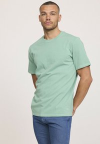 T-shirt vert menthe à manches courtes en coton doux, doté d'un col rond classique et d'un logo de marque discret près de l'ourlet.