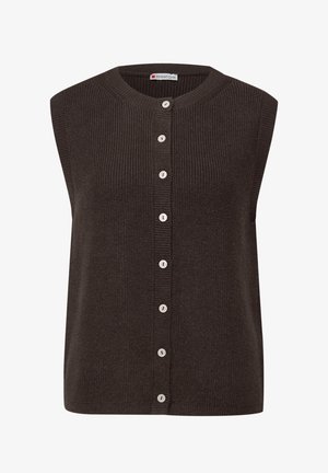 Bezrekawnik z brązowego dzianego materiału o zaokrąglonym dekolcie, z przodu zapinany na guziki, posiada pięć jasnych guzików na środku.