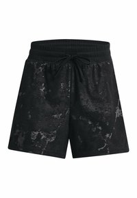 Svarta shorts med en texturerad, prickig mönster, med resårmidja och snörning för justering.