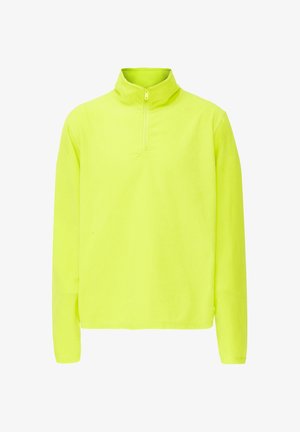 Heldere gele fleece pullover met een hoge kraag en een kwartlange rits. Lange mouwen en een zachte, gestructureerde afwerking.
