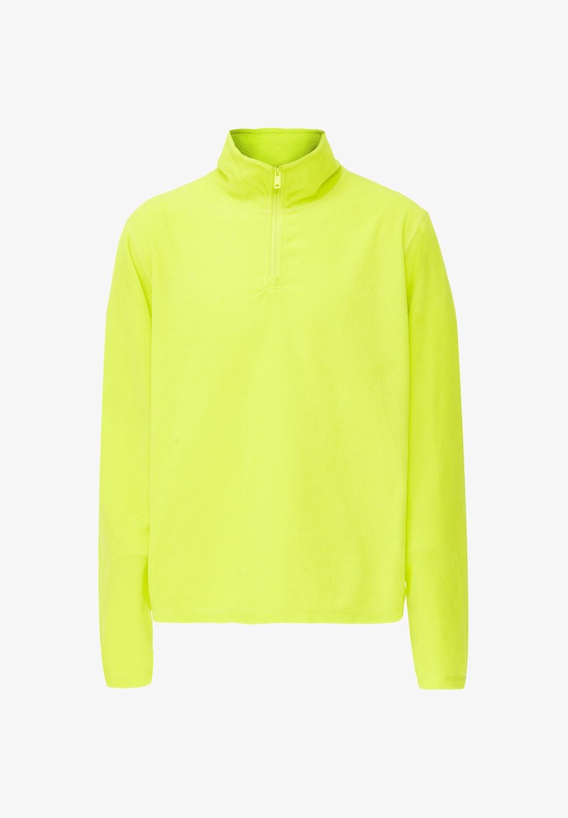 Jasnożółty polarowy polar z wysokim kołnierzem i zamkiem błyskawicznym na ćwierć długości. Długie rękawy i miękka, teksturowana powierzchnia.