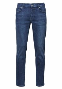 Sötétkék farmernadrág klasszikus egyenes szabással, ötpocketes kialakítással, látható varrással és fém gombos záródással a derékrészen.