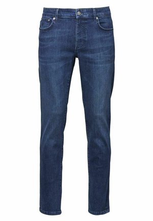 Dunkelblaue Jeans aus Denim mit klassischem geradem Schnitt, Fünf-Taschen-Design, sichtbaren Nähten und einem Metallknopfverschluss am Bund.