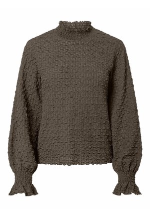 Rjava teksturirana majica z dolgimi rokavi, z naborkom na visokem ovratniku in napihnjenimi rokavi, z vzorčasto površino in oprijetimi manšetami.